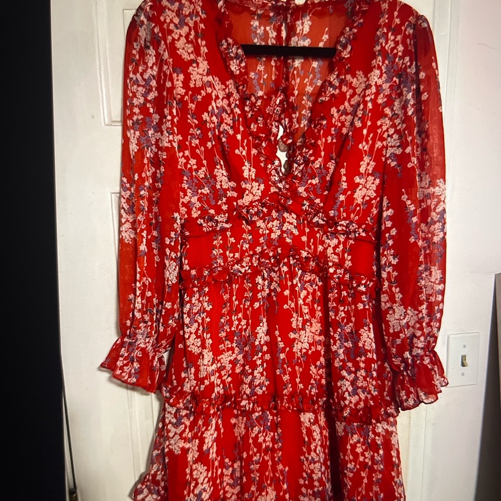 Red Floral Ruffle Long Sleeve Mini Dress Women’s Boho Tiered Chiffon Size Small